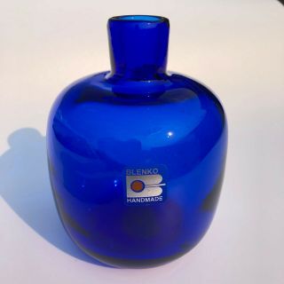 Blenko Cobalt Blue Art Glass 5 " Open Water Bottle Jug Vase W/sticker