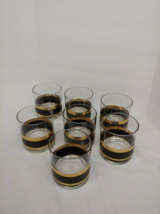 Set Of 7 Signed Georges Briard Mid Century Black & Gold Striped Low Ball Glasses