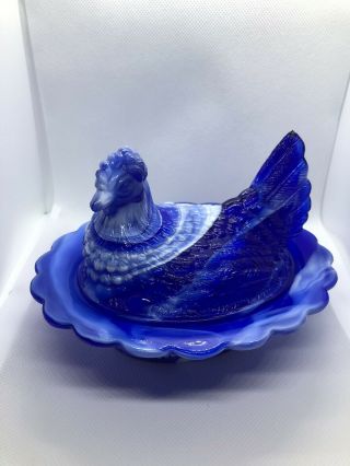 Mosser Blue Slag Glass Hen On Nest -