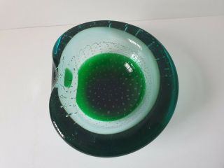 Stunning Vintage Murano Sommerso Emerald Green Art Glass Controlled Bubble Bowl