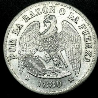 Republic Chile 1880 So (25 Gram) Un (1) Peso Silver Coin Bu/ms Km 142.  1.  1