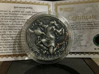 Ancient Myths Iii Prometheus 2 Oz Silver Coin 5$ 24k Red Gold Plated Chain