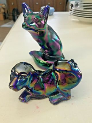 2 Fenton Glass Blue Carnival Iridescent Dog Figurines