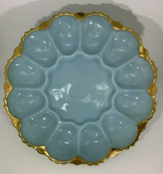Vintage Fire King Blue Delphite Deviled Egg Plate With Gold Edges