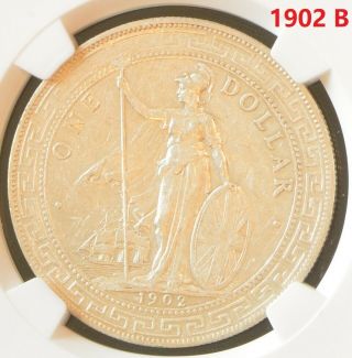1902 B China Hong Kong Uk Great Britain Silver Trade Dollar Ngc Au Details