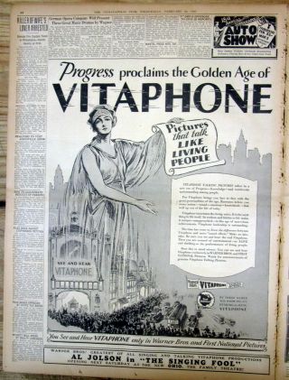 1929 newspaper w a large illustrated ad for VITAPHONE the 1st SOUND MOVIE system 2