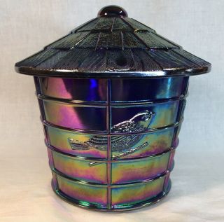 Summit Art Glass / Imperial Cobalt Carnival " Bird In Cage " Candy Dish