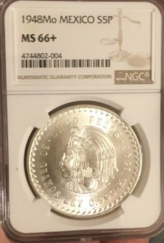 1948 Mexico Silver 5 Peso Ngc Ms66, .  Pop Of 8 With 35 Better.