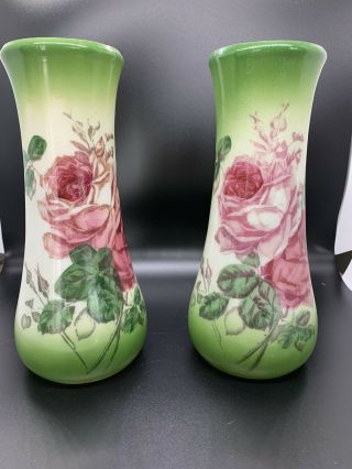 Pair 1900 Westmoreland Milk Glass Hand Painted Farm Roses Decoration 8.  5 " T Vases