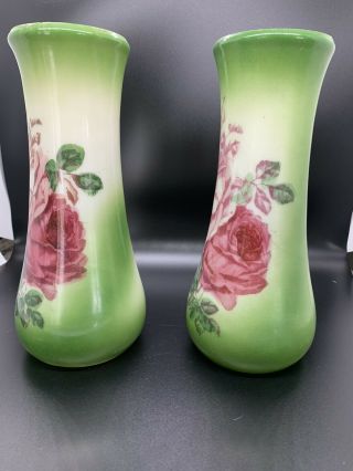 Pair 1900 Westmoreland Milk Glass Hand Painted Farm Roses Decoration 8.  5 