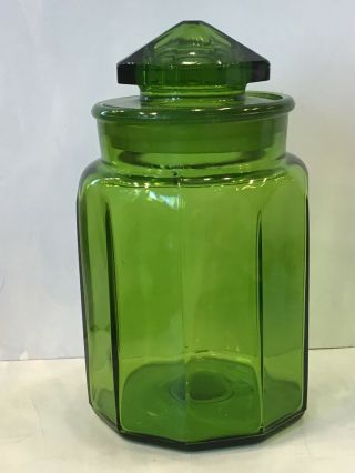 9.  5” Vintage Large Le Smith Panelled Green Apothecary Canister Jar With Lid
