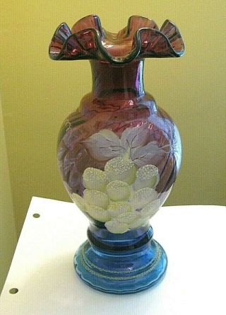 Fenton Mulberry Purple/blue 45 Hand Painted L.  Everson Vase