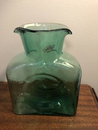 Vintage Blenko Green Double Spouted Water Bottle Pitcher Carafe Jug W/ Sticker