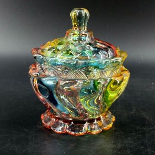 Vintage Pressed Glass Sugar Bowl Jar With Lid 4 " Tall Rainbow Cotton Candy Color