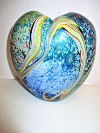 Vase Heart Murano Style Large Hand Blown Multi Color Layers Swirl Rainbow