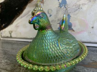 Vintage Indiana Iridescent Lime Green Rainbow Carnival Glass Hen Chicken Nest 7”