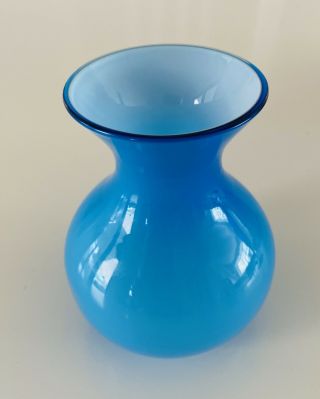 Blue Opaline Lattimo Hand Blown Glass Art Vase Style Of Murano Venini