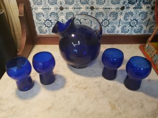 Vintage Cobalt Blue Hand Blown Glass Pitcher Estate With 4 Glasses