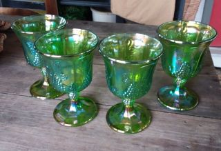 Indiana Glass Iridescent Lime Green Carnival Glass Goblets Harvest Grape