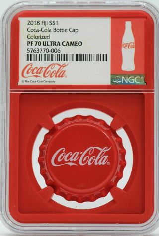2018 Fiji $1 Silver Colorized Coca - Cola Bottle Cap Coin Ngc Pf70 Ultra Cameo