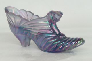 Fenton Cat Head Purple Iridescent Carnival Glass Slipper Shoe Figurine 1733b