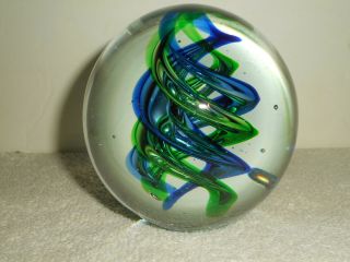 Vintage Blown Glass Paperweight Large Metallic Blue Green Double Helix Sphere