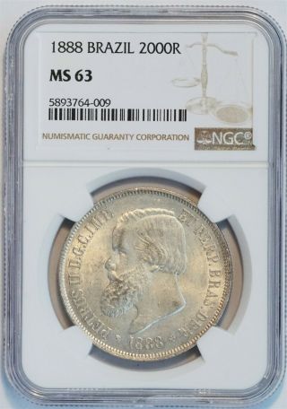 1888 Brazil 2000 Reis Silver Coin (ngc Ms 63 Ms63) Km 485 (b4913)