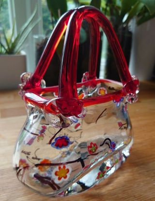 Vintage Murano Art Glass Handbag Vase Multicolour Design 7.  5 inches high 2
