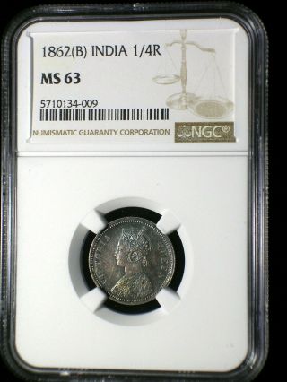 British India 1862 B 1/4 Rupee Ngc Ms - 63 Blue Toned Beauty Only 5 Graded Higher