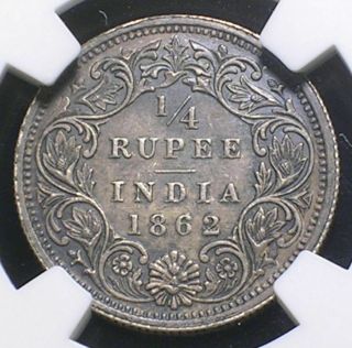 British India 1862 b 1/4 Rupee NGC MS - 63 Blue Toned Beauty Only 5 Graded Higher 3