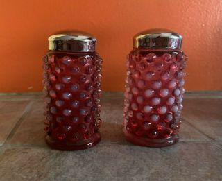 Vintage Fenton Hobnail Cranberry Opalescent Salt & Pepper Shaker Set