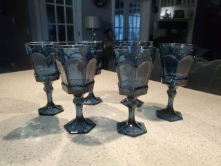 Set Of 6 Fostoria Dark Blue Virginia Water Goblets 7 1/4 " Tall Vintage Glassware