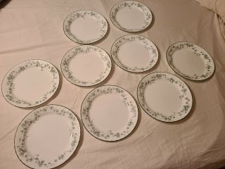 Set Of 9 - Corelle Callaway Dinner Plates 10 1/8 " White Swirl Green Ivy Corning