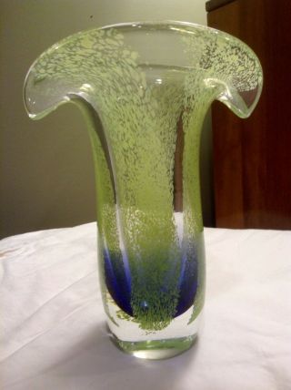 Hand Blown 8 " Art Glass Vase Two Tone Colors Glass Vase Green & Blue