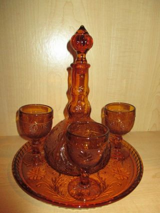 Tiara Indiana Glass Amber 5 Piece Wine Set - Tray Decanter 3 Goblets Vintage