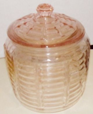 Vintage Pink Depression Glass With Lid Jar Canister Bee Hive Banded Design.