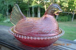 Vintage Indiana Glass Cranberry Or Pink Hen On Nest Covered Chicken Candy Dish