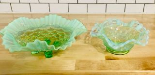2 Vintage Fenton Green Opalescent Vaseline Glass Bowls/candy Dish