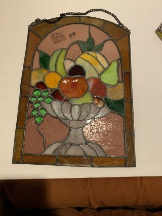 Vintage Leaded Stained Glass Fruit Bowl Hanging Window Panel 14x10