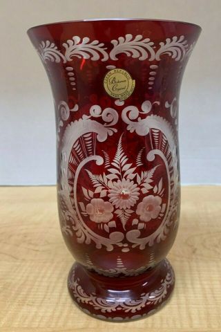 Vtg Bohemia Crystal Etched Floral Ruby Red 8 " Vase Hand Made Czech Republic