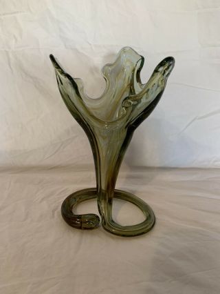 Vintage Hand Blown Green Swirl Art Glass Vase Crimped Edge