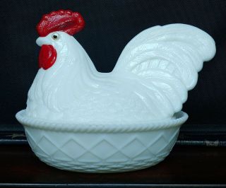 Rooster On Nest Vintage White Milk Glass 7 Inch Westmoreland Rooster.