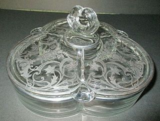 Paden City Depression Glass " Crows Foot " 3 Part Covered Dish W/silver Overlay