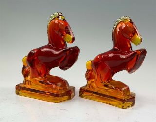 Mid - Century L E Smith Amberina Glass Horse Bookends