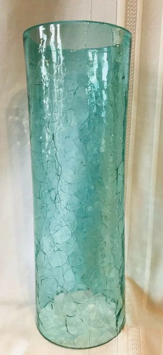 Blenko Art Glass Aqua Crackle Hurricane Lamp Shade Chimney Candle Cylinder 14”