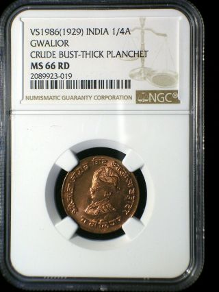 India Gwalior State Vs1986 1929 1/4 Anna Ngc Ms - 66 Rd Finest Known Tops Pops