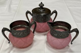 Victorian Consolidated Quilted Pink Satin Glass Creamer Sugar & Biscuit Jar