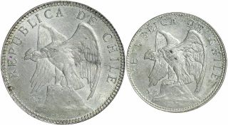 Set Of 2 1902 Chile Silver 50 Centavo And Peso