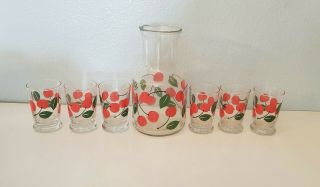 Vintage Juice Decanter With 6 Juice Glasses,  Cherries,  Leaves