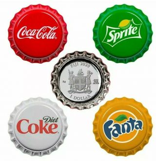 Fiji 2020 4 X 1$ Coca Cola Bottle Cap Vending Machine Set Shape Silver Coins